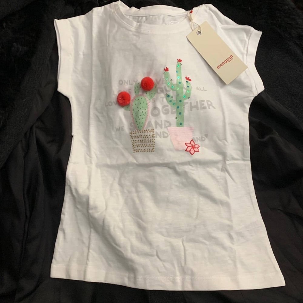 GIRL'S WHITE TEE SHIRT CACTUS W SEQUINS & POMPOMS